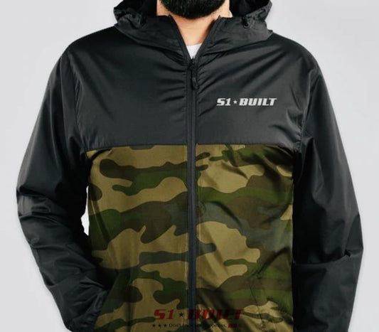 Lightweight Full Zip Windbreaker with Hoodie in Black / Forest Camo