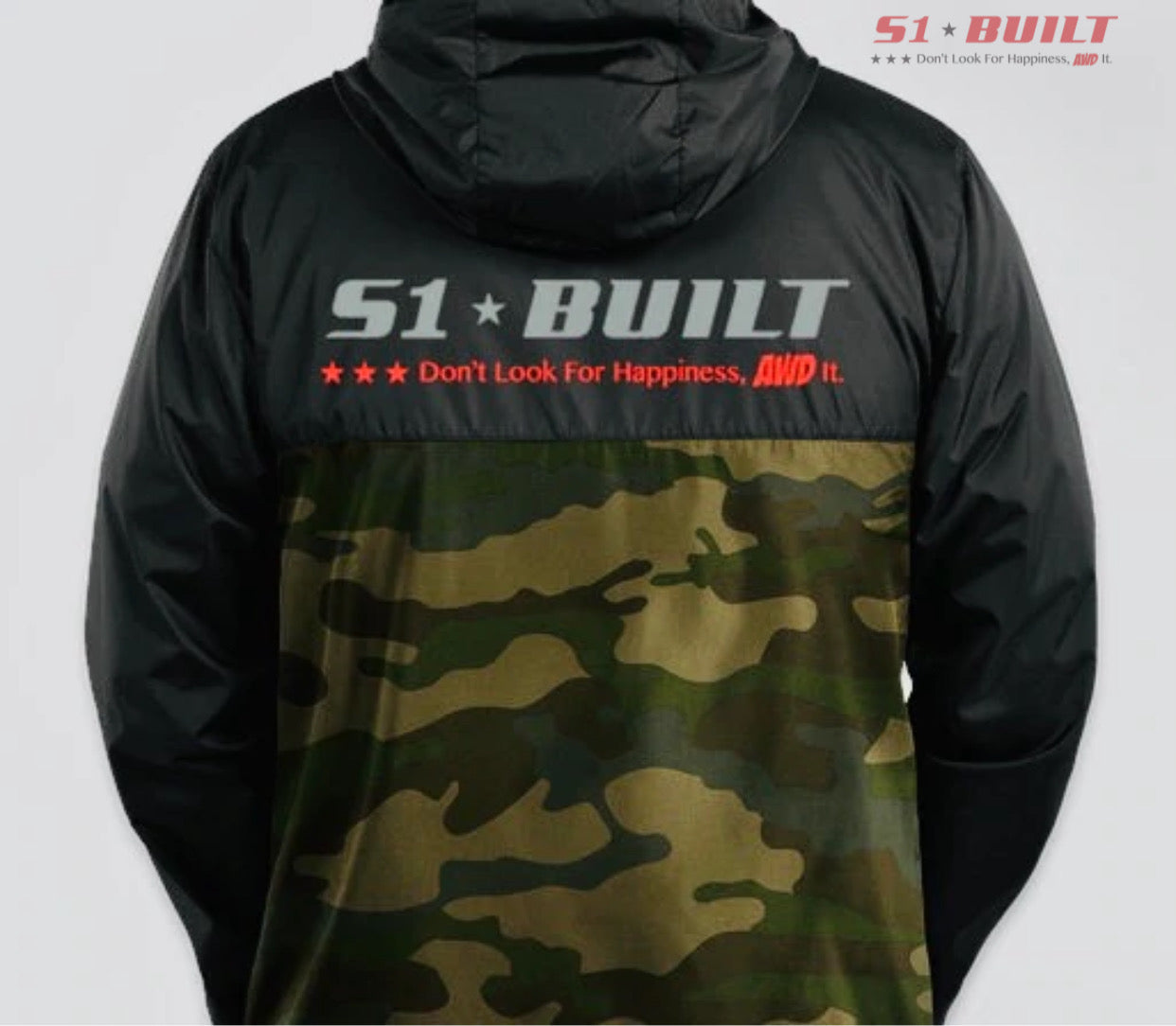 Lightweight Full Zip Windbreaker with Hoodie in Black / Forest Camo